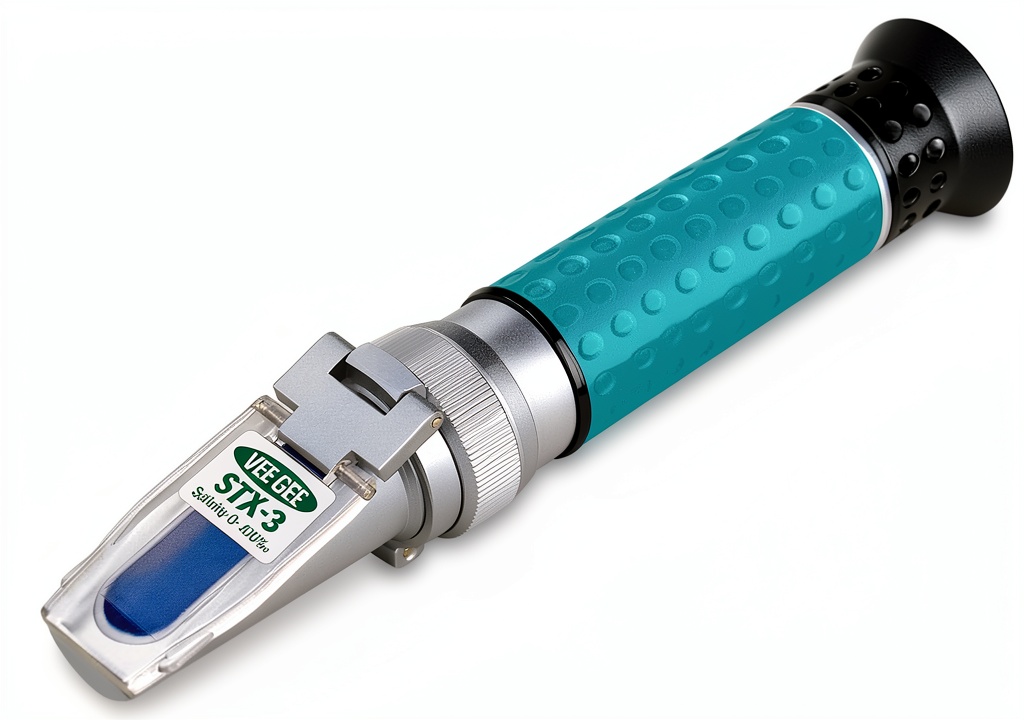 Vee Gee Scientific refractometer in use for seawater testing