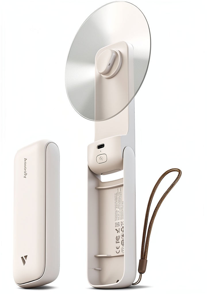 Aecooly Slim Portable Fan in handheld use on a desk