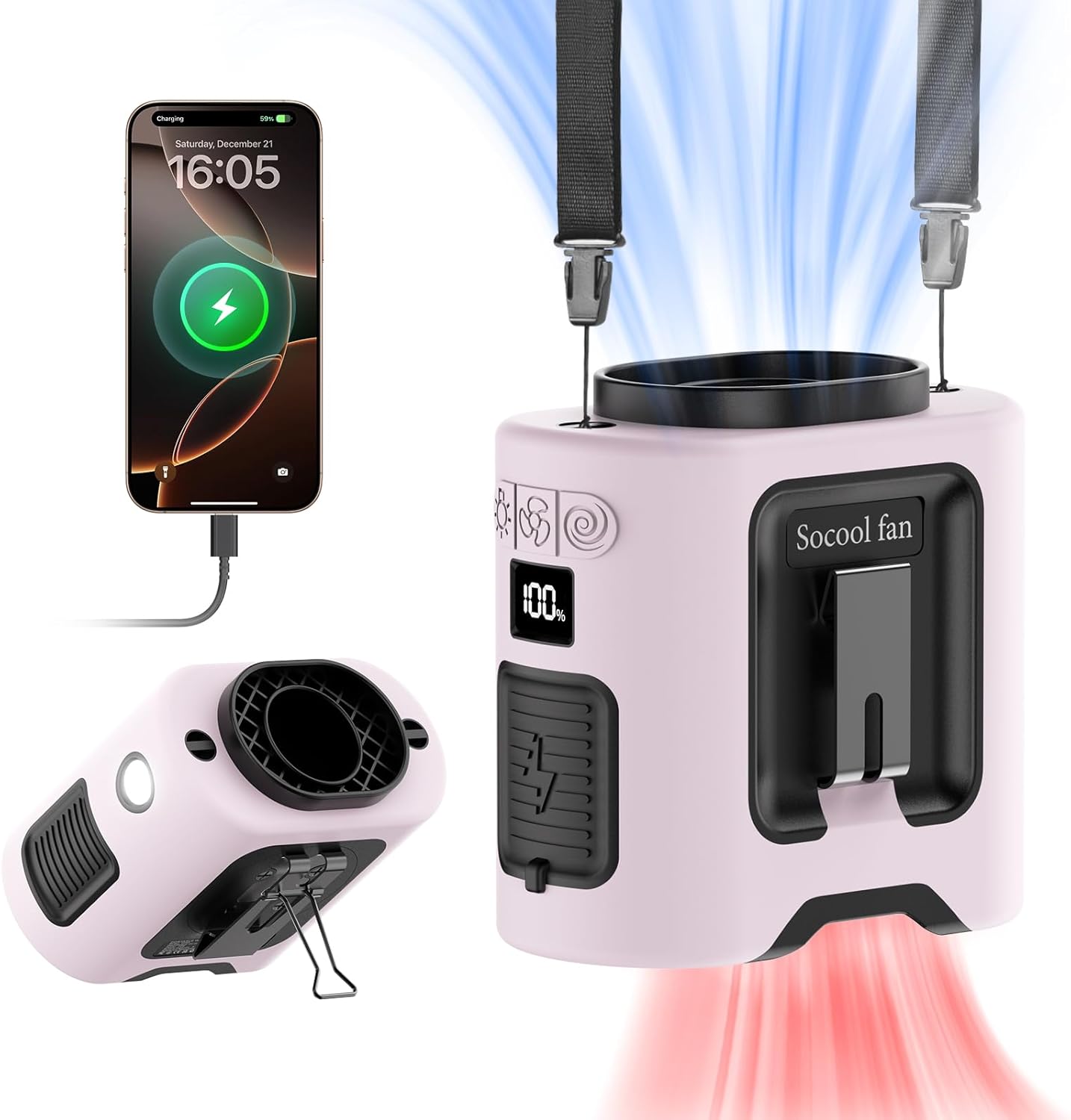 Portable fan in use during outdoor camping