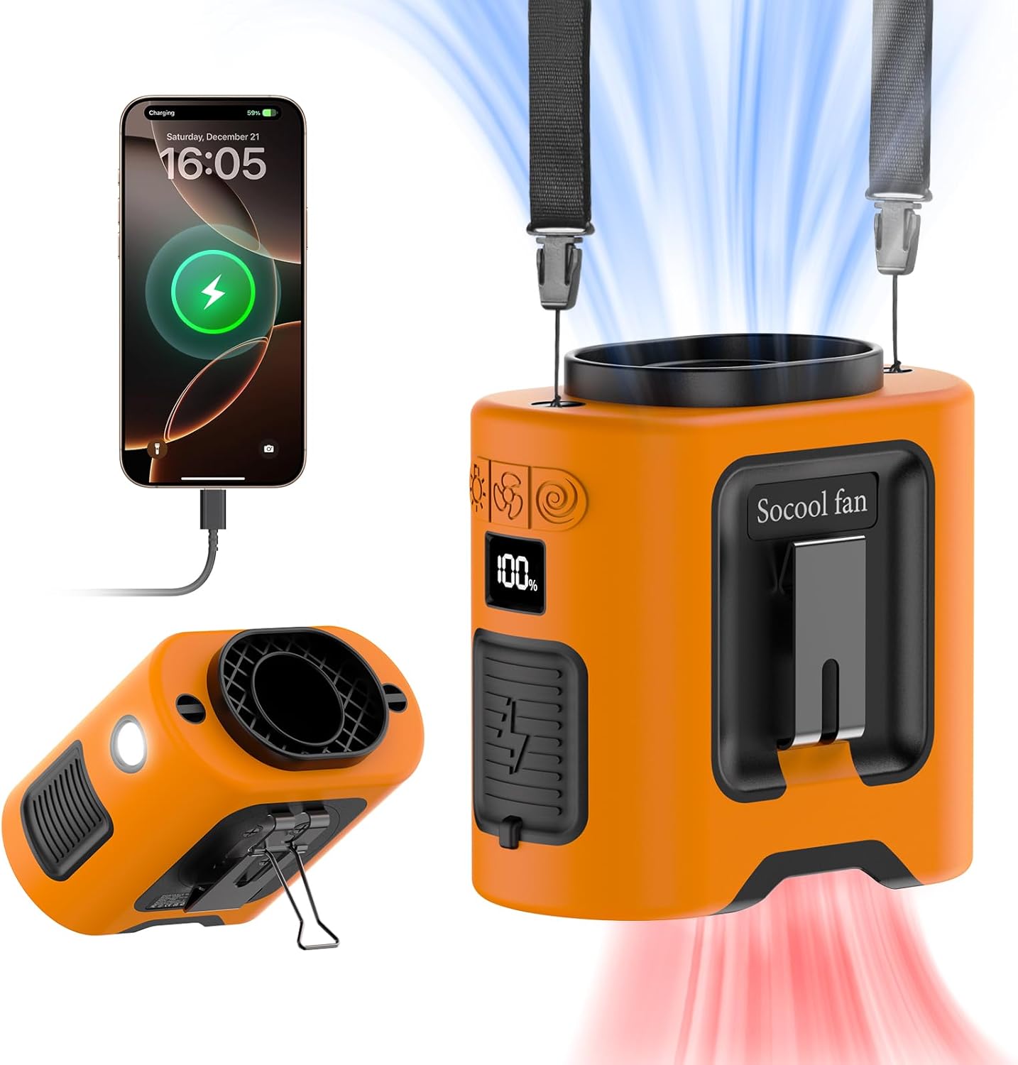 Portable Cooling Fan Rechargeable Wearable 5 Speeds LED clipped to a backpack strap while hiking in a sunny forest