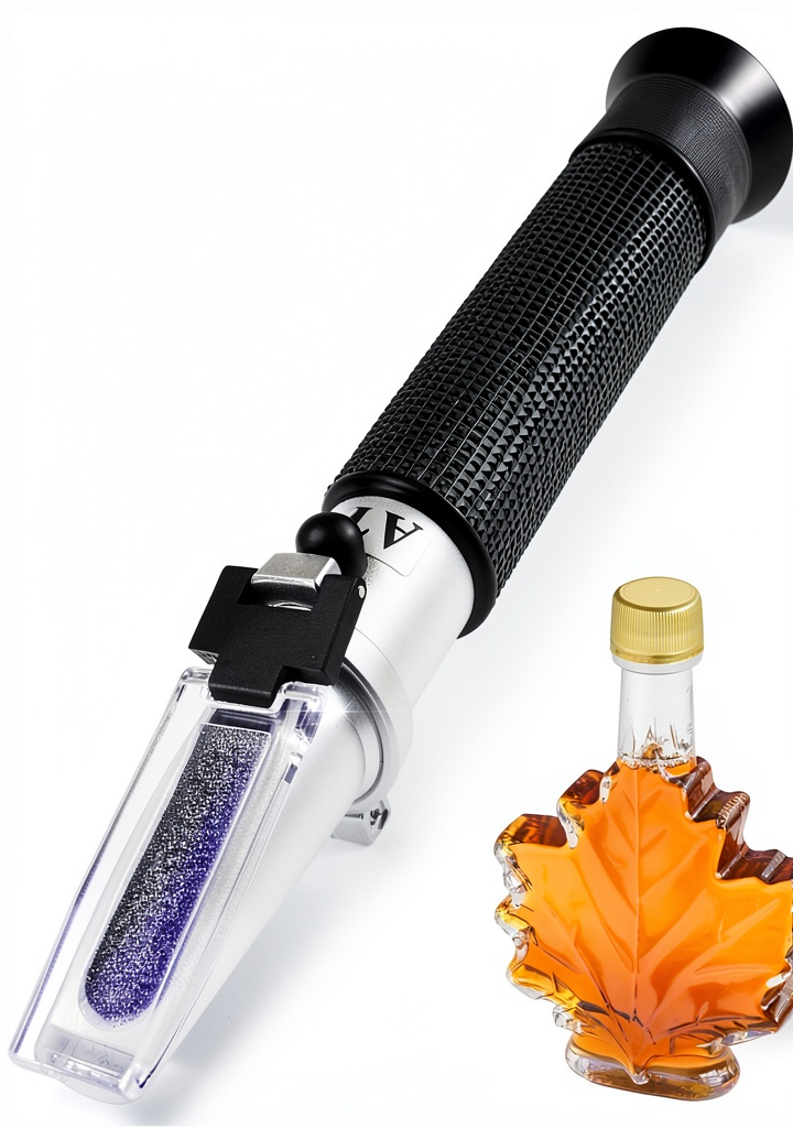 TEKCOPLUS Brix Refractometer placed on a wooden field bench with maple sap sample cup