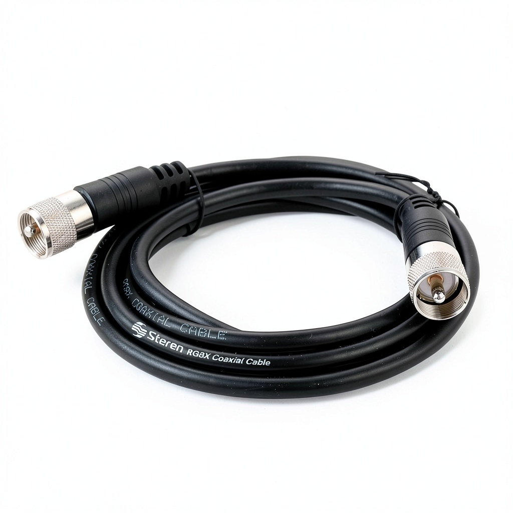Installing RG8X Coaxial Cable Steren Black 50ft Male on a wooden desk